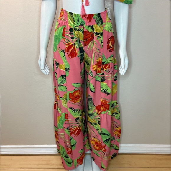 Peach floral print high waisted wide leg pants off the shoulder crop top set - Picture 5 of 10